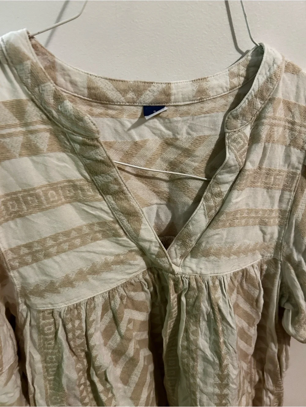 Old Navy Cream and Tan Striped Textured V-Neck Peasant Blouse
